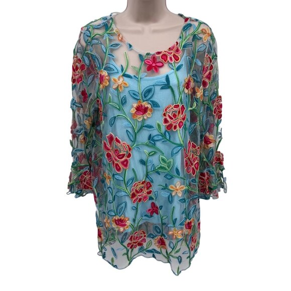 Ali Miles Tops - Ali Miles Embroidered Top Womens Large Blue Rayon‎ Sheer Flower Print